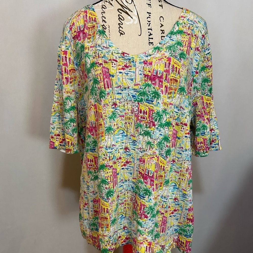 Talbots Multicolor Tropical Print Short Sleeve Top XL. Greece themed Thin